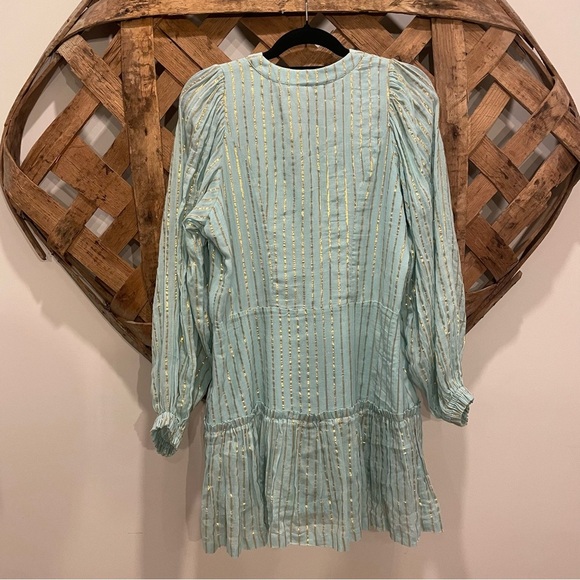 Karina Grimaldi Light Blue & Gold Metallic Stripe Cotton Mini Dress Size Large - Picture 6 of 12